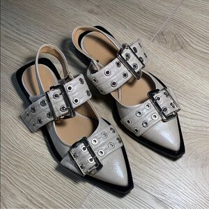 Ganni Cream Flats with Silver Buckles